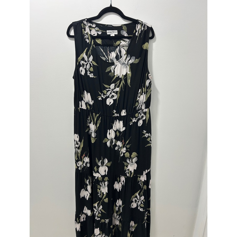 Ava & Viv Womens Floral Sleeveless Tiered Maxi Dress Black 1X Plus Size Pocket